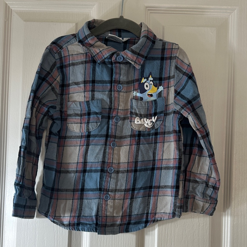 Kids Blue Plaid Button-Down Shirt with Character Detail
